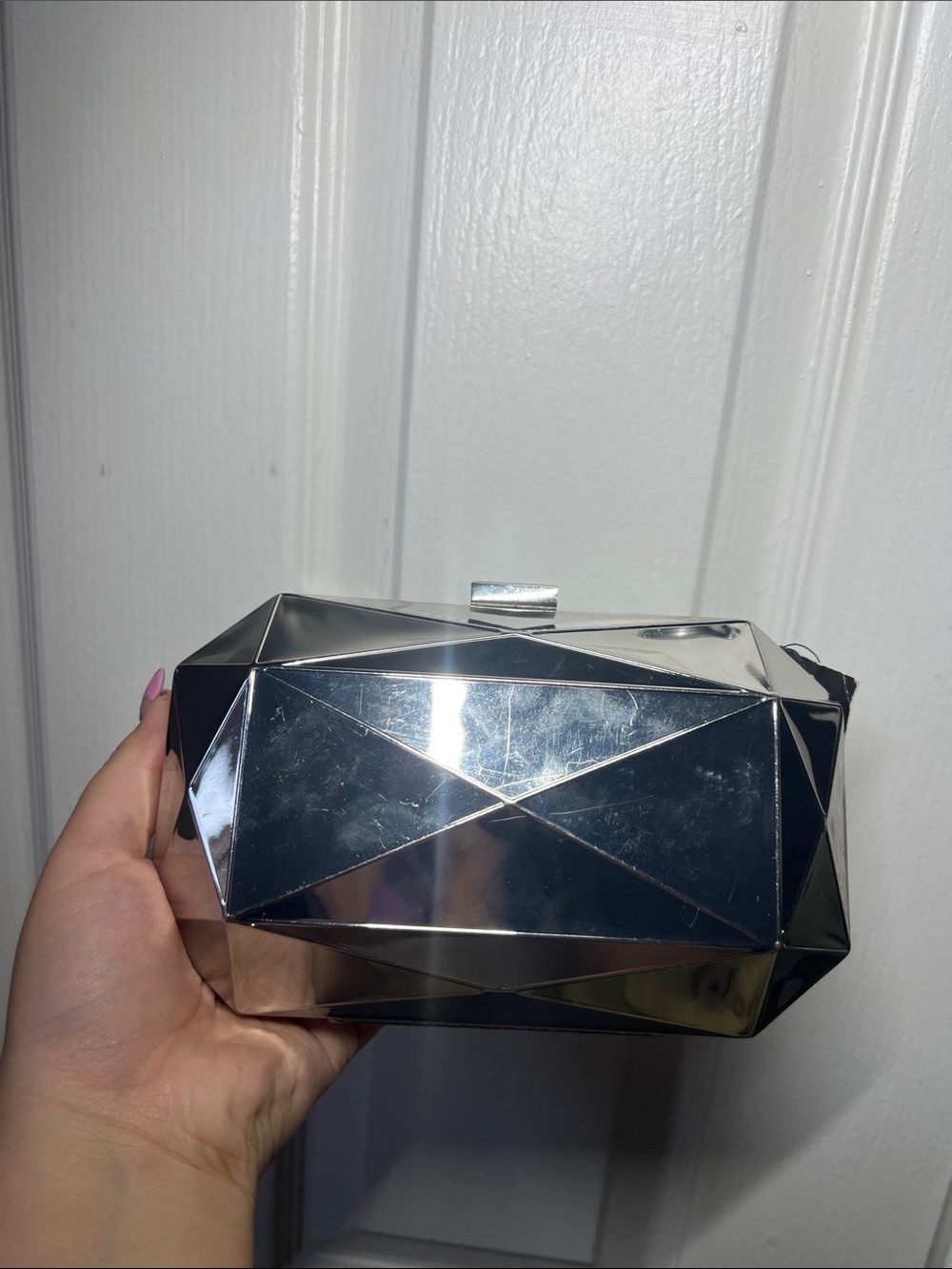 INC International Concepts Silver Geometric Hard-Case Clutch